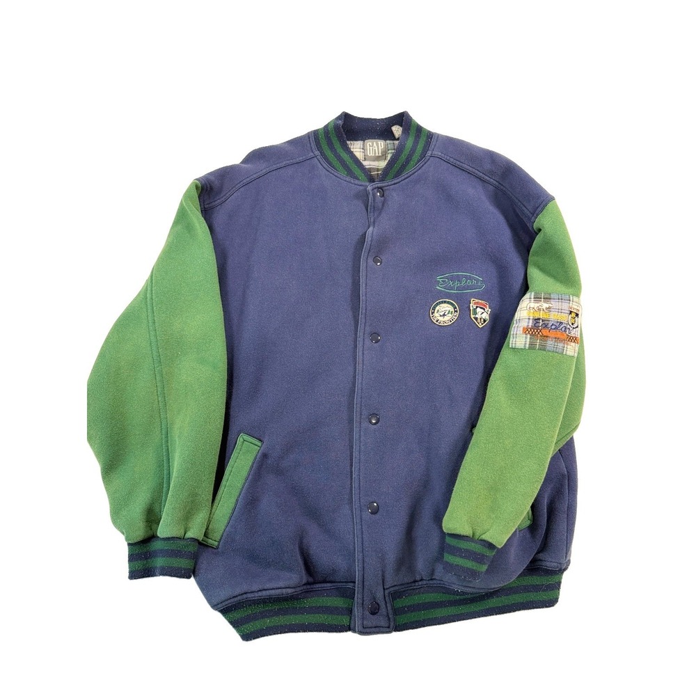 Vintage GAP Bomber Jacket Mens XL Blue Green Explore Frontier Retro Y2K Patch